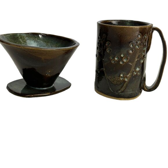 pottery coffee pour over set Artist Signed Handmade Studio Art - Picture 13 of 16